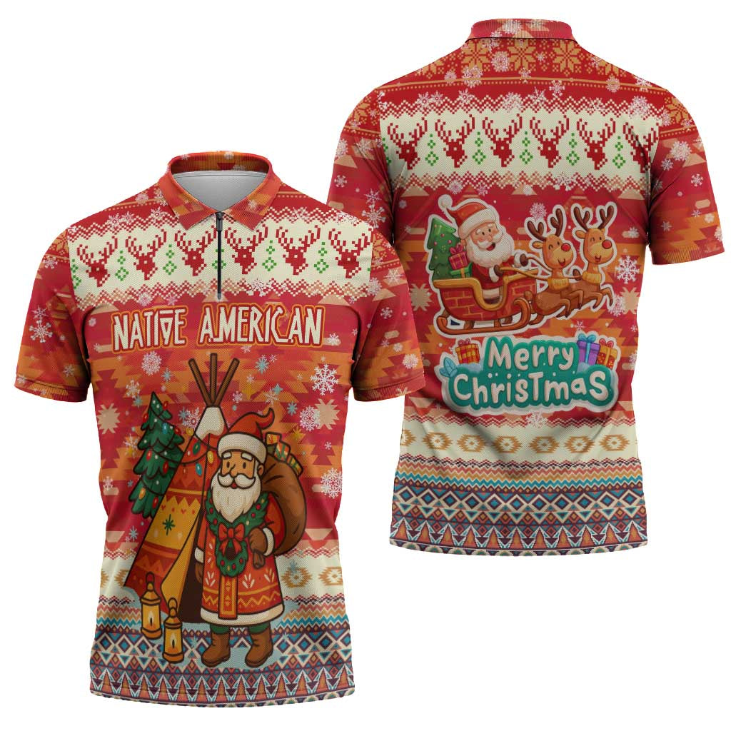 Native American Christmas Zipper Polo Shirt with Red & Orange Geometric Pattern Santa Claus and Teepee Motif - Wonder Print Shop