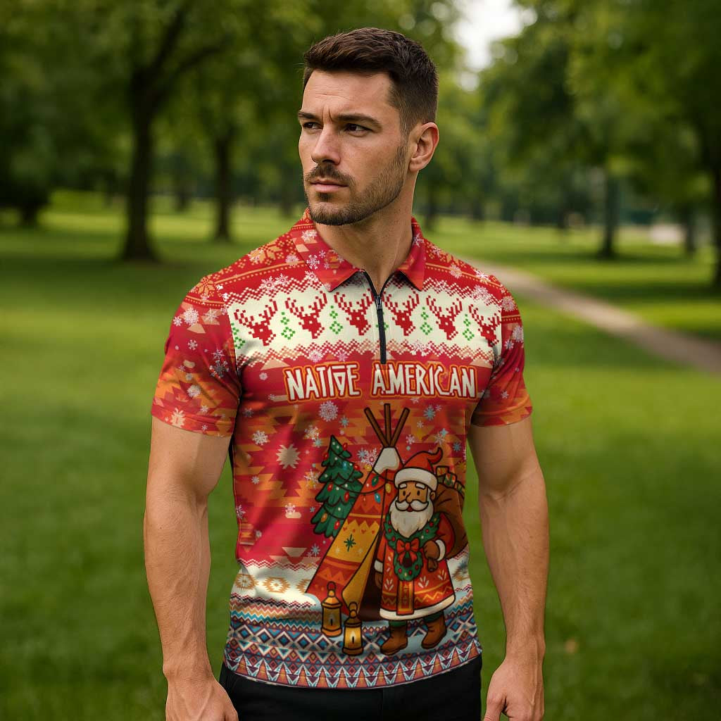 Native American Christmas Zipper Polo Shirt with Red & Orange Geometric Pattern Santa Claus and Teepee Motif - Wonder Print Shop