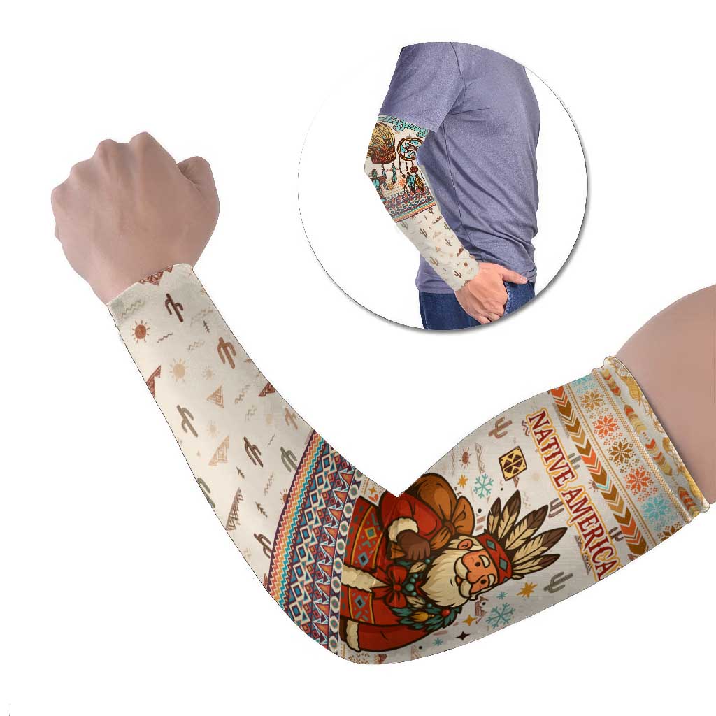 Native American Christmas Arm Sleeves with Beige Tribal Pattern Santa Claus and Dreamcatcher Motif - Wonder Print Shop