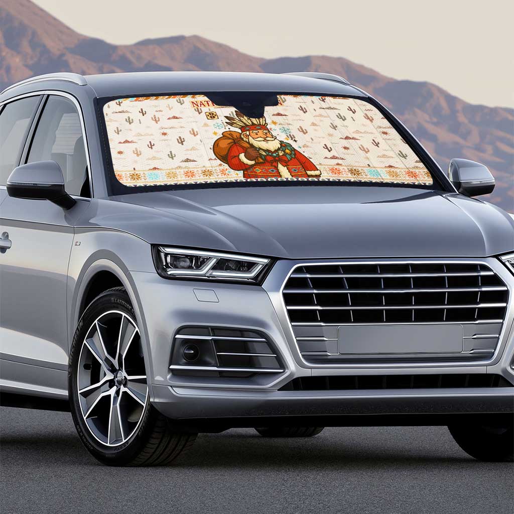 Native American Christmas Auto Sun Shade with Beige Tribal Pattern Santa Claus and Dreamcatcher Motif - Wonder Print Shop