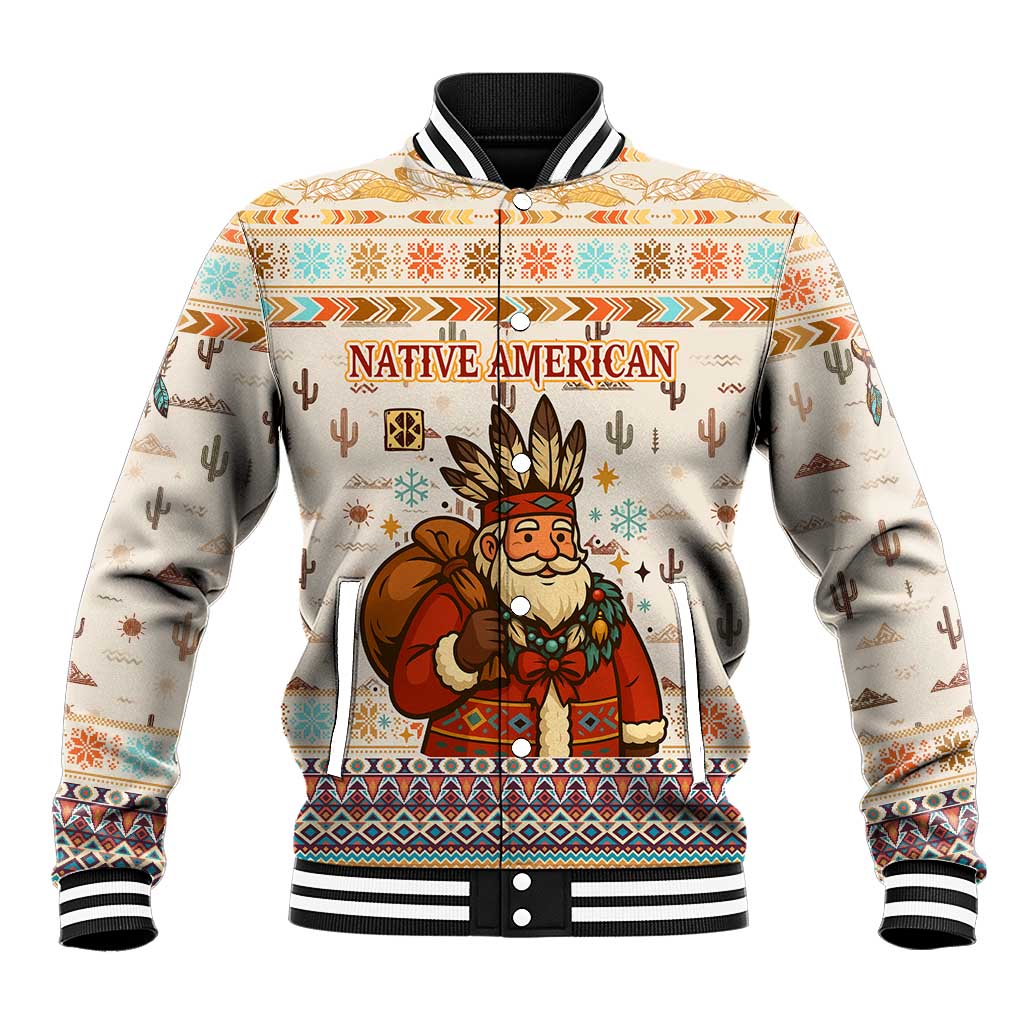 Native American Christmas Baseball Jacket with Beige Tribal Pattern Santa Claus and Dreamcatcher Motif - Wonder Print Shop