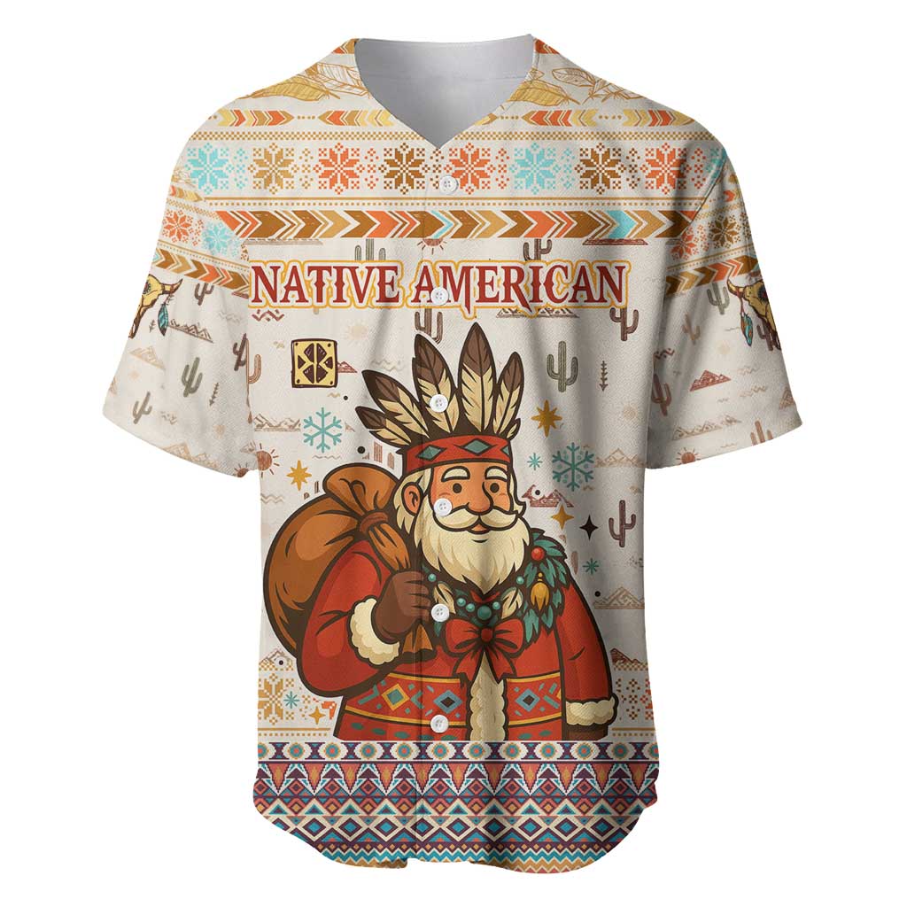 Native American Christmas Baseball Jersey with Beige Tribal Pattern Santa Claus and Dreamcatcher Motif - Wonder Print Shop