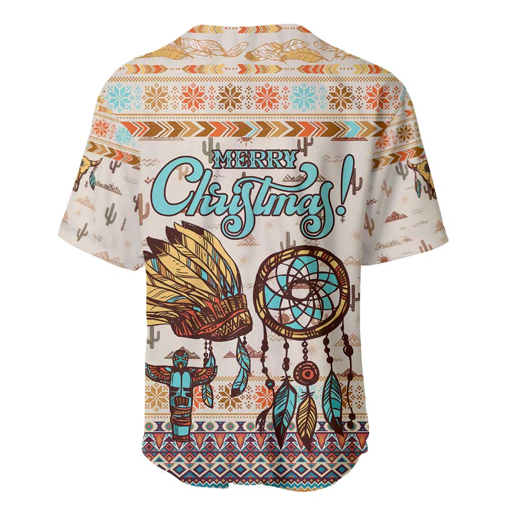 Native American Christmas Baseball Jersey with Beige Tribal Pattern Santa Claus and Dreamcatcher Motif - Wonder Print Shop