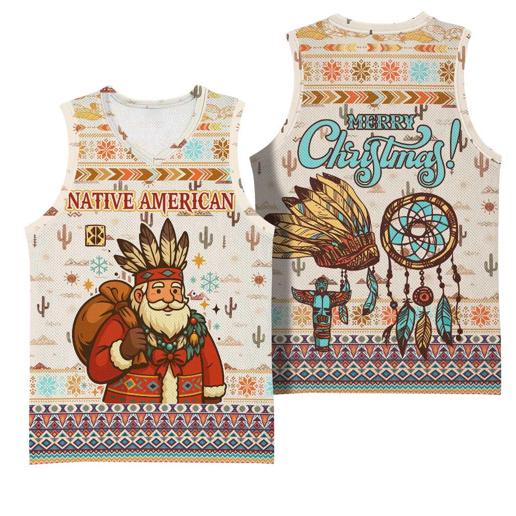 Native American Christmas Basketball Jersey with Beige Tribal Pattern Santa Claus and Dreamcatcher Motif - Wonder Print Shop