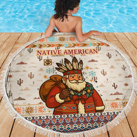 Native American Christmas Beach Blanket with Beige Tribal Pattern Santa Claus and Dreamcatcher Motif - Wonder Print Shop