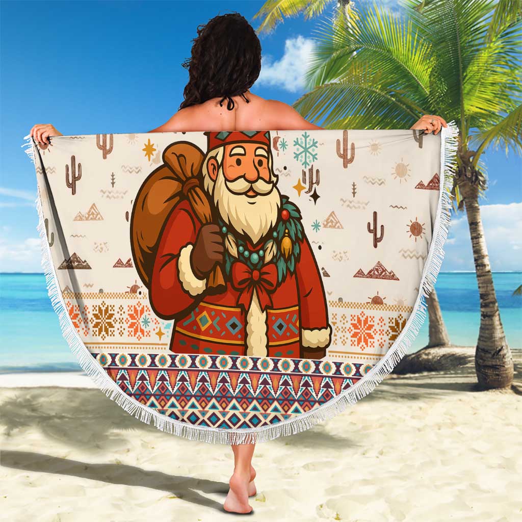 Native American Christmas Beach Blanket with Beige Tribal Pattern Santa Claus and Dreamcatcher Motif - Wonder Print Shop