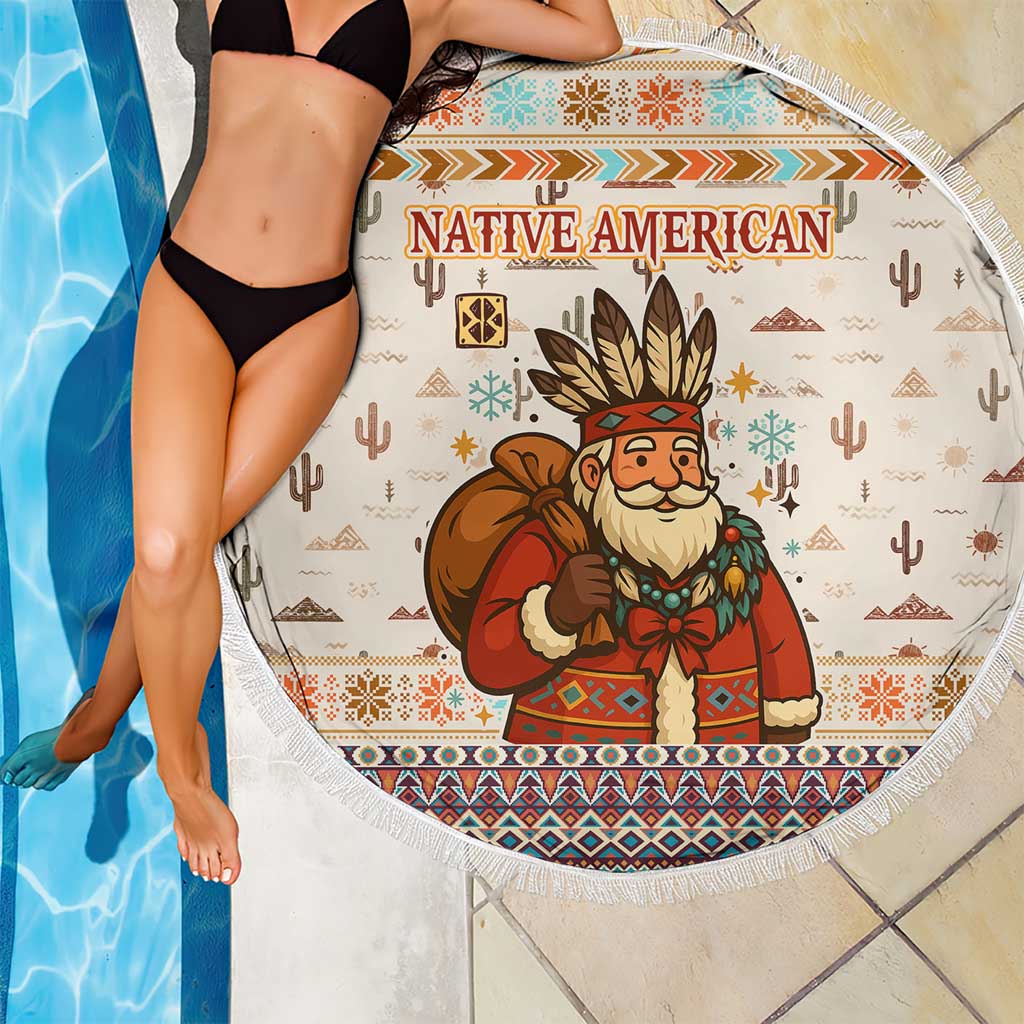 Native American Christmas Beach Blanket with Beige Tribal Pattern Santa Claus and Dreamcatcher Motif - Wonder Print Shop