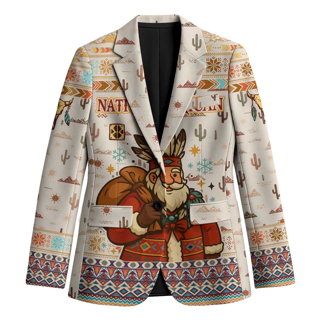 Native American Christmas Blazer with Beige Tribal Pattern Santa Claus and Dreamcatcher Motif - Wonder Print Shop