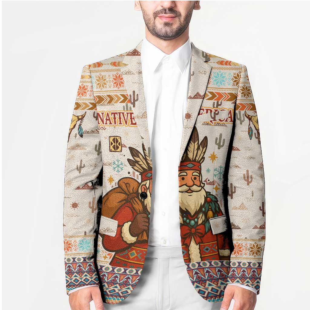 Native American Christmas Blazer with Beige Tribal Pattern Santa Claus and Dreamcatcher Motif - Wonder Print Shop
