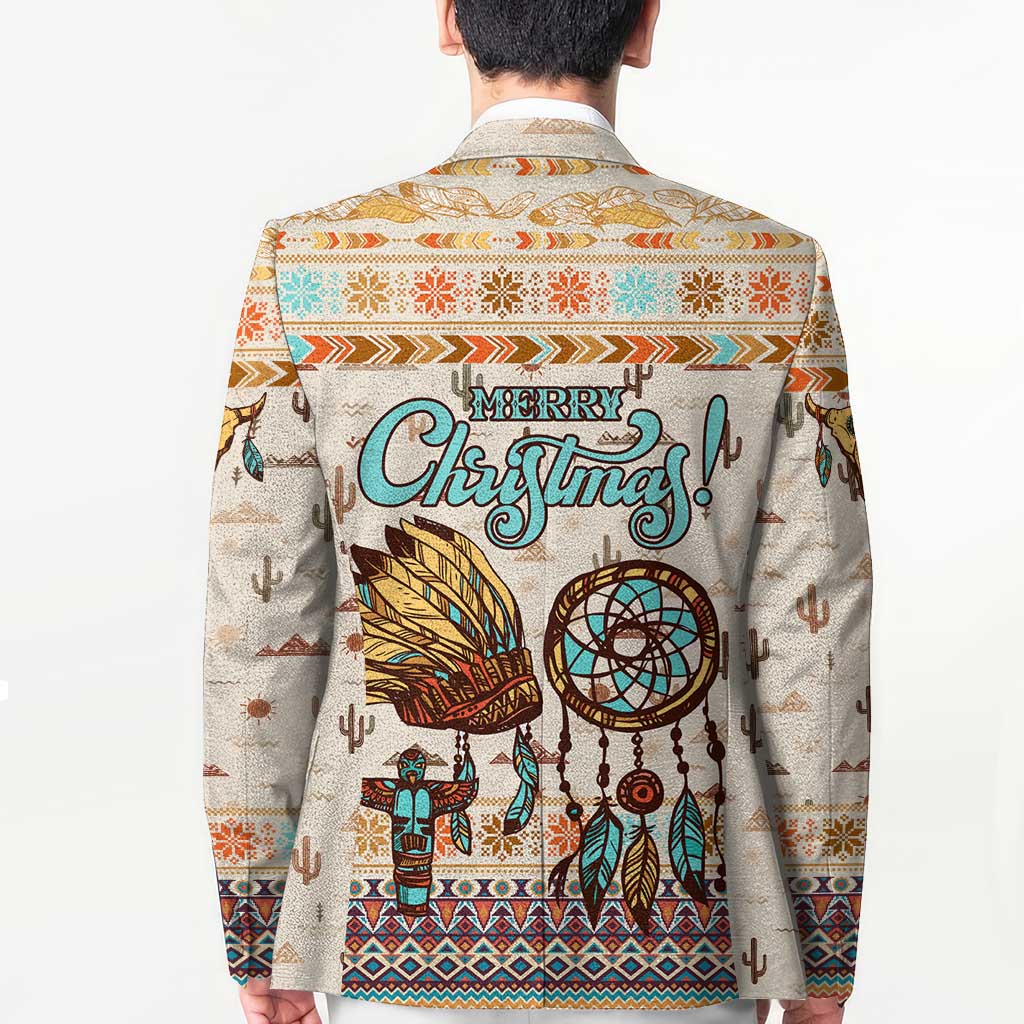 Native American Christmas Blazer with Beige Tribal Pattern Santa Claus and Dreamcatcher Motif - Wonder Print Shop