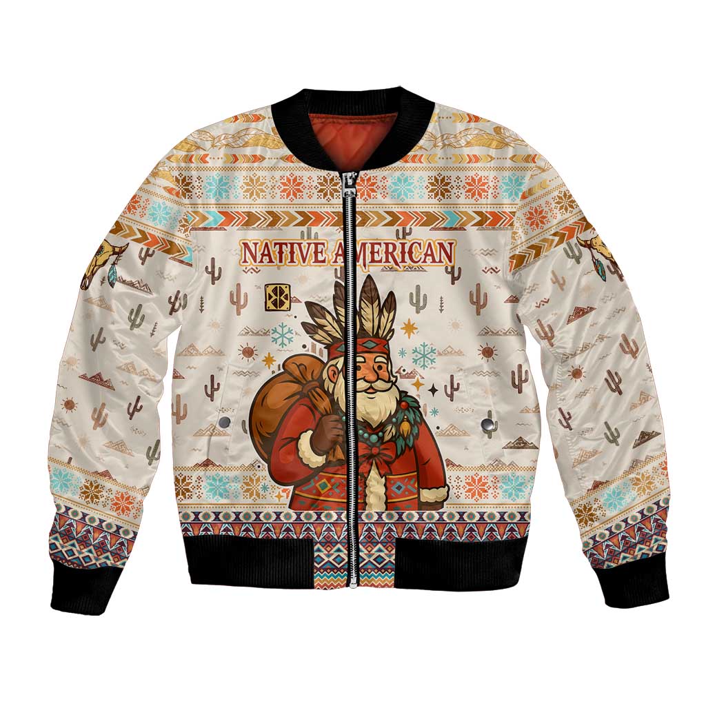 Native American Christmas Bomber Jacket with Beige Tribal Pattern Santa Claus and Dreamcatcher Motif - Wonder Print Shop