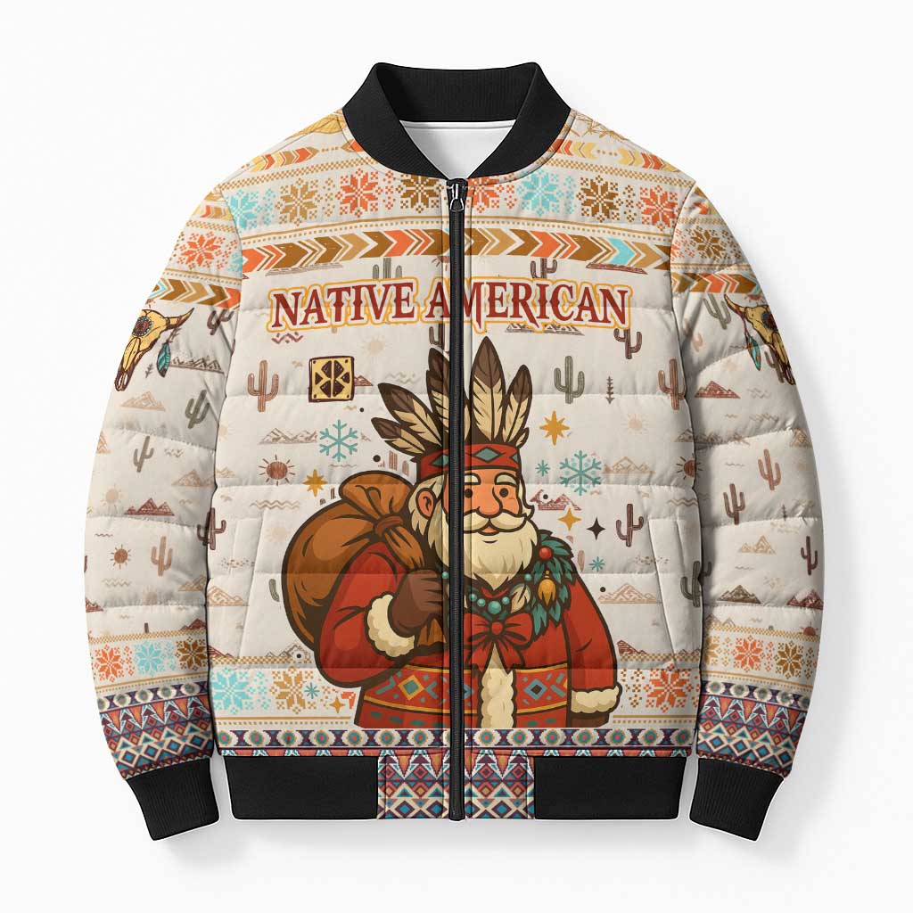 Native American Christmas Bomber Puffer Jacket with Beige Tribal Pattern Santa Claus and Dreamcatcher Motif - Wonder Print Shop