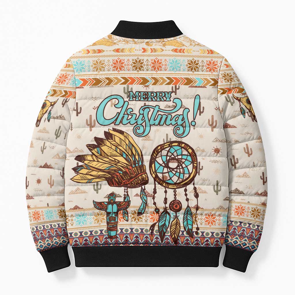 Native American Christmas Bomber Puffer Jacket with Beige Tribal Pattern Santa Claus and Dreamcatcher Motif - Wonder Print Shop