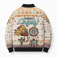 Native American Christmas Bomber Puffer Jacket with Beige Tribal Pattern Santa Claus and Dreamcatcher Motif - Wonder Print Shop
