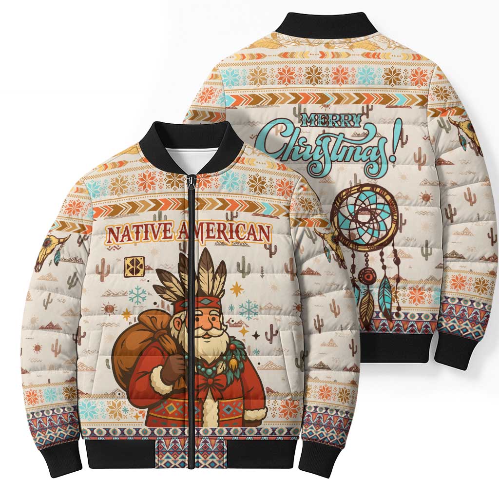 Native American Christmas Bomber Puffer Jacket with Beige Tribal Pattern Santa Claus and Dreamcatcher Motif - Wonder Print Shop