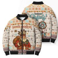 Native American Christmas Bomber Puffer Jacket with Beige Tribal Pattern Santa Claus and Dreamcatcher Motif - Wonder Print Shop