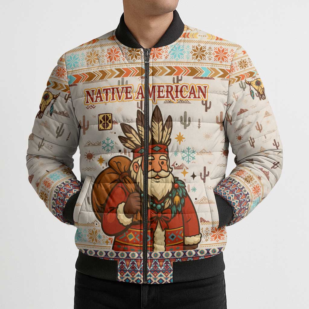 Native American Christmas Bomber Puffer Jacket with Beige Tribal Pattern Santa Claus and Dreamcatcher Motif - Wonder Print Shop