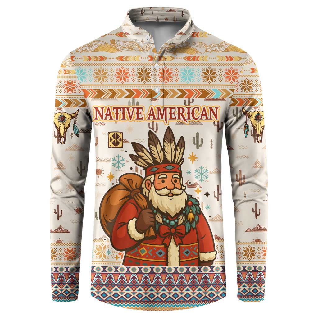 Native American Christmas Button Sweatshirt with Beige Tribal Pattern Santa Claus and Dreamcatcher Motif - Wonder Print Shop