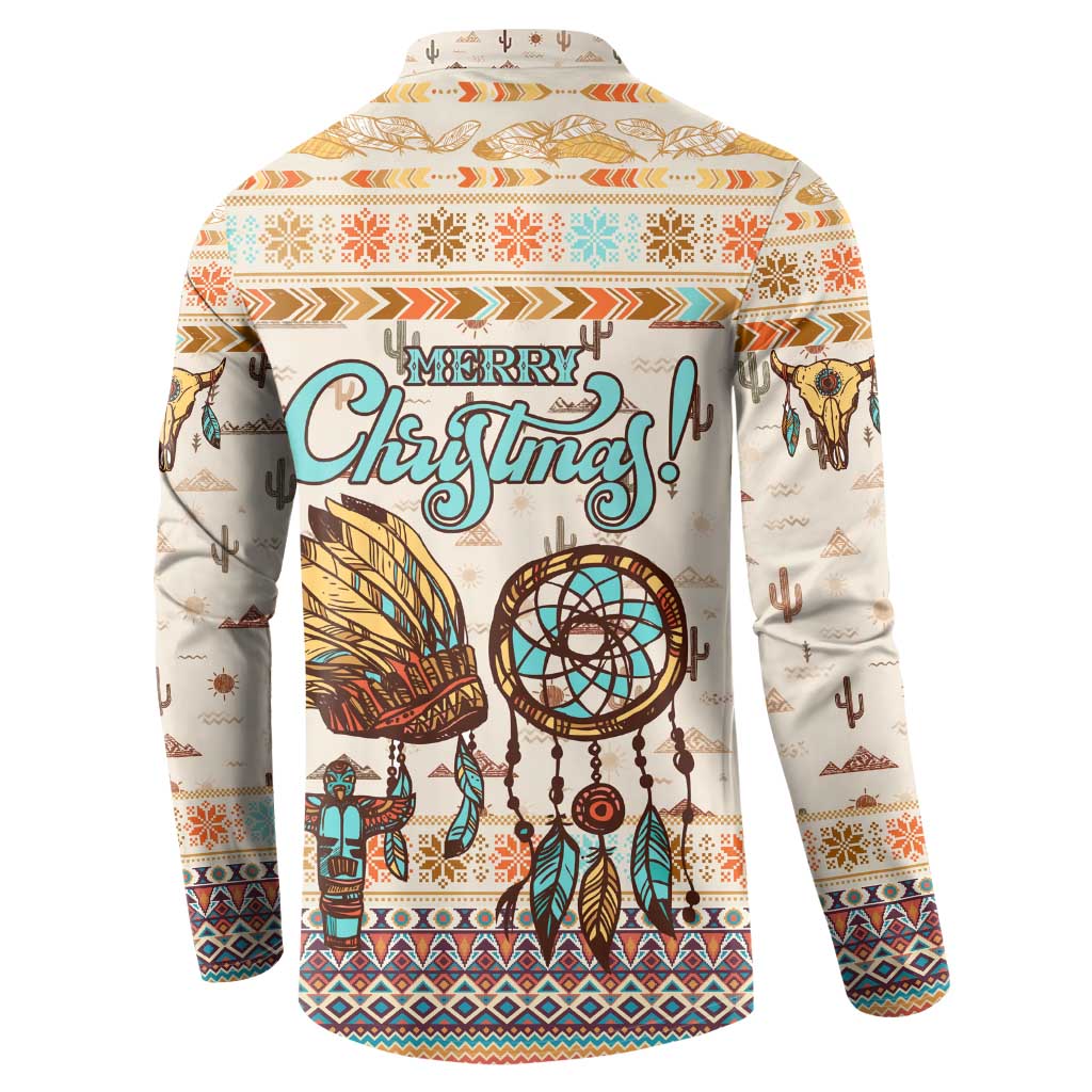 Native American Christmas Button Sweatshirt with Beige Tribal Pattern Santa Claus and Dreamcatcher Motif - Wonder Print Shop