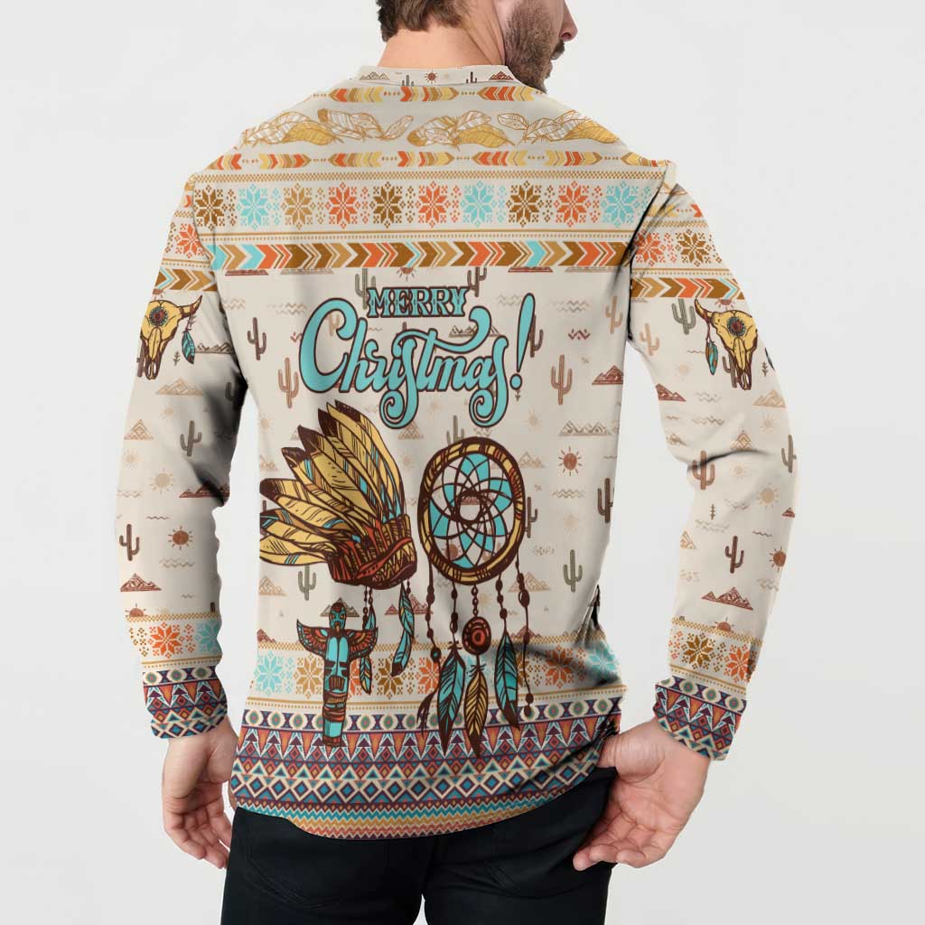Native American Christmas Button Sweatshirt with Beige Tribal Pattern Santa Claus and Dreamcatcher Motif - Wonder Print Shop