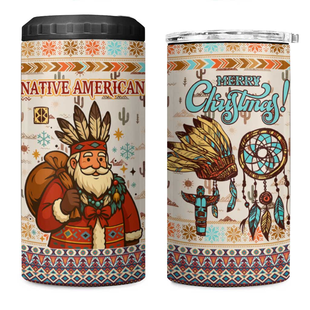 Native American Christmas 4 in 1 Can Cooler Tumbler with Beige Tribal Pattern Santa Claus and Dreamcatcher Motif - Wonder Print Shop