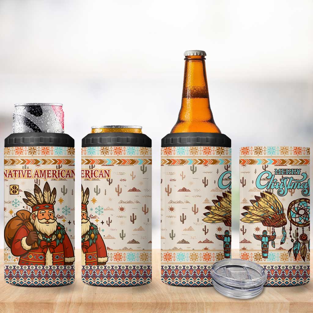 Native American Christmas 4 in 1 Can Cooler Tumbler with Beige Tribal Pattern Santa Claus and Dreamcatcher Motif - Wonder Print Shop