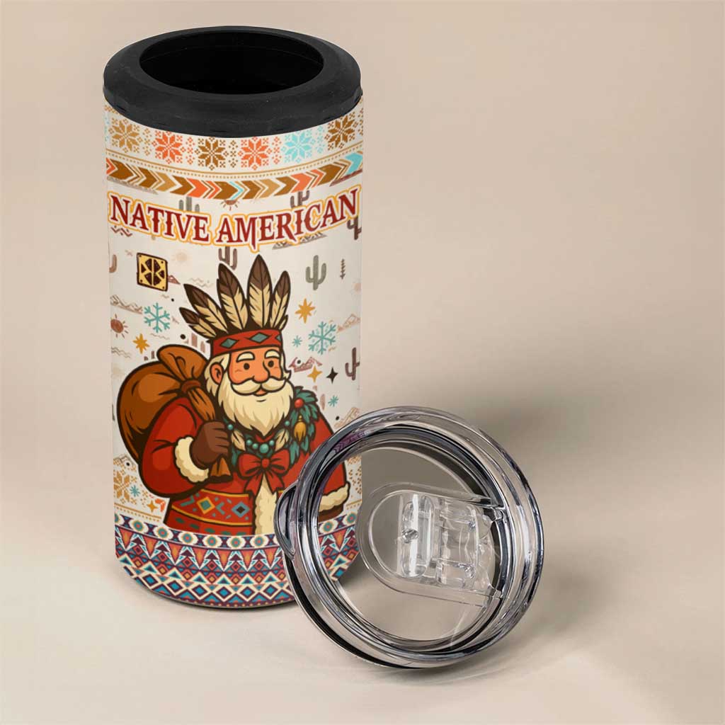 Native American Christmas 4 in 1 Can Cooler Tumbler with Beige Tribal Pattern Santa Claus and Dreamcatcher Motif - Wonder Print Shop