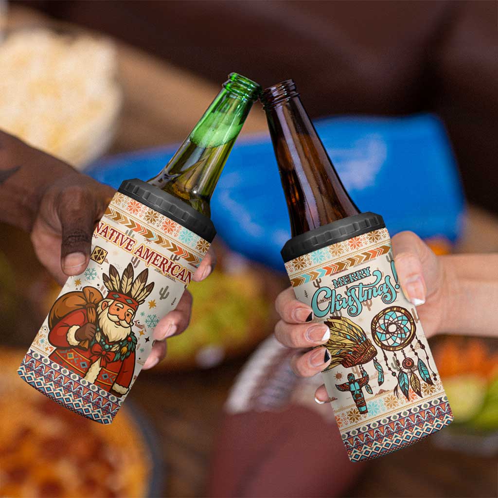 Native American Christmas 4 in 1 Can Cooler Tumbler with Beige Tribal Pattern Santa Claus and Dreamcatcher Motif - Wonder Print Shop