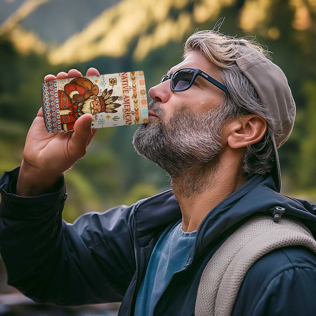 Native American Christmas 4 in 1 Can Cooler Tumbler with Beige Tribal Pattern Santa Claus and Dreamcatcher Motif - Wonder Print Shop
