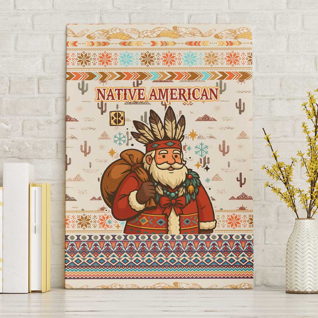 Native American Christmas Canvas Wall Art with Beige Tribal Pattern Santa Claus and Dreamcatcher Motif - Wonder Print Shop