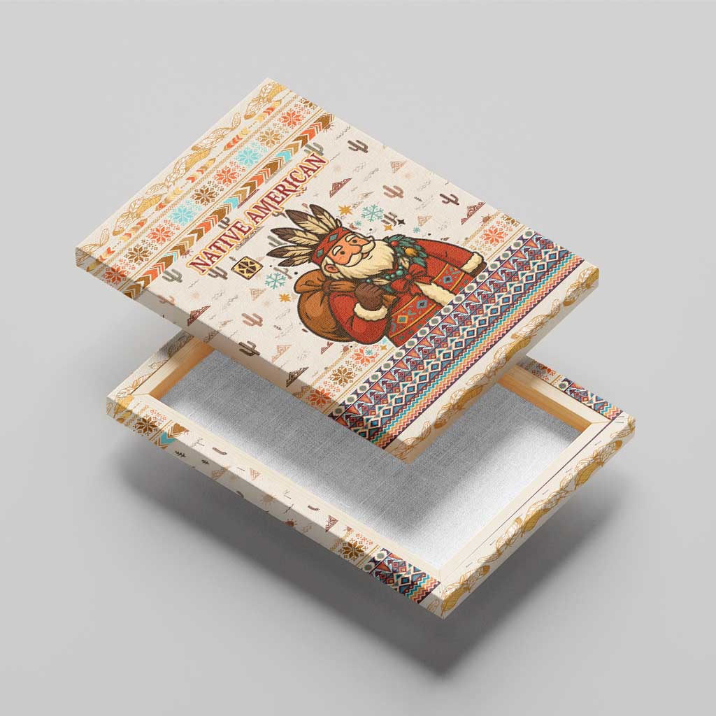 Native American Christmas Canvas Wall Art with Beige Tribal Pattern Santa Claus and Dreamcatcher Motif - Wonder Print Shop