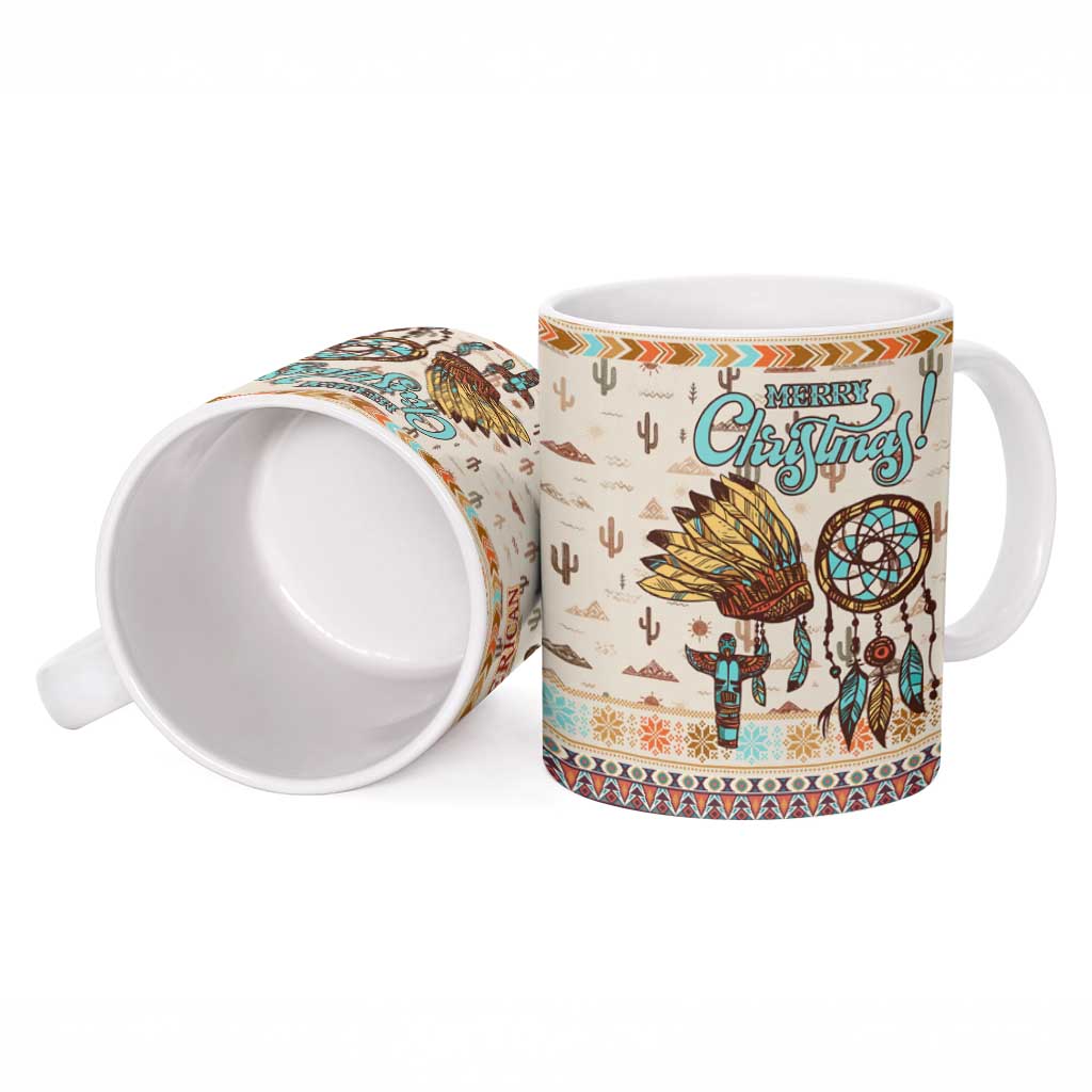 Native American Christmas Ceramic Mug with Beige Tribal Pattern Santa Claus and Dreamcatcher Motif - Wonder Print Shop