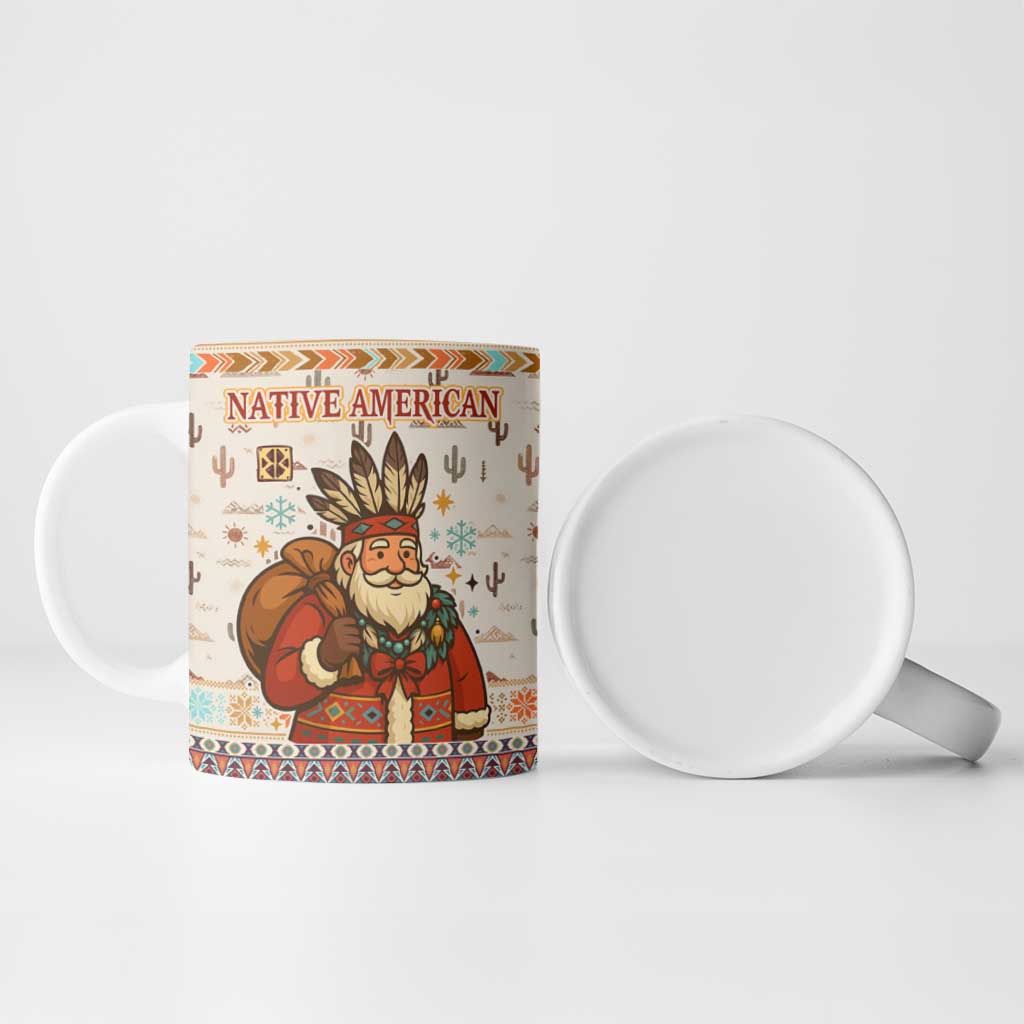 Native American Christmas Ceramic Mug with Beige Tribal Pattern Santa Claus and Dreamcatcher Motif - Wonder Print Shop