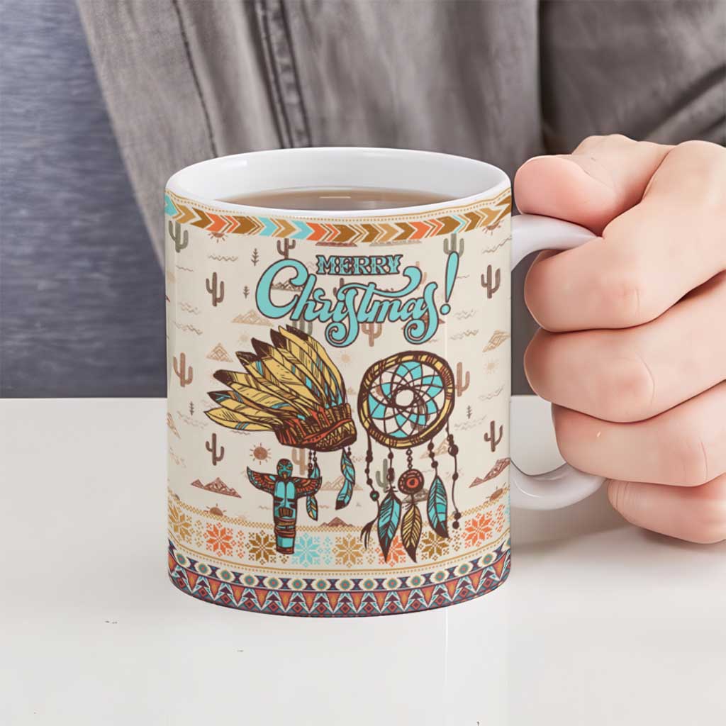 Native American Christmas Ceramic Mug with Beige Tribal Pattern Santa Claus and Dreamcatcher Motif - Wonder Print Shop