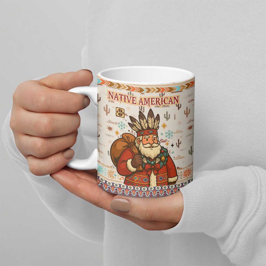 Native American Christmas Ceramic Mug with Beige Tribal Pattern Santa Claus and Dreamcatcher Motif - Wonder Print Shop