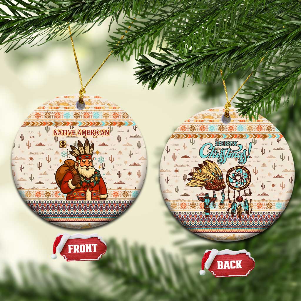 Native American Christmas Ceramic Ornament with Beige Tribal Pattern Santa Claus and Dreamcatcher Motif - Wonder Print Shop