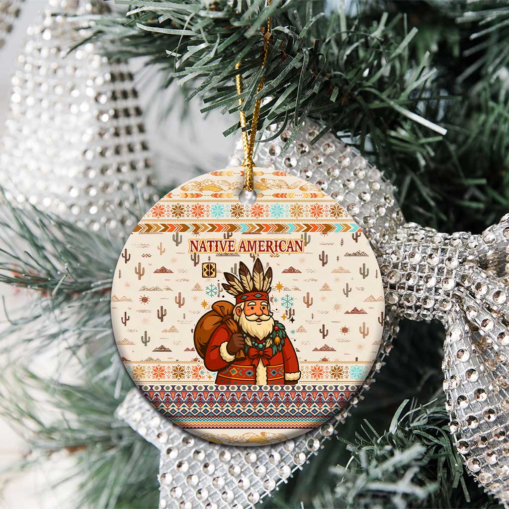 Native American Christmas Ceramic Ornament with Beige Tribal Pattern Santa Claus and Dreamcatcher Motif - Wonder Print Shop