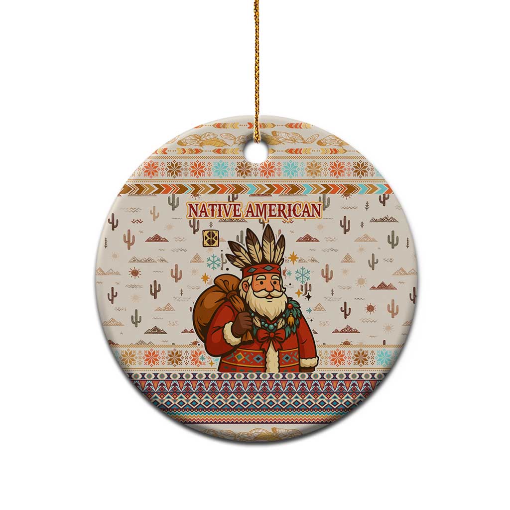 Native American Christmas Ceramic Ornament with Beige Tribal Pattern Santa Claus and Dreamcatcher Motif - Wonder Print Shop