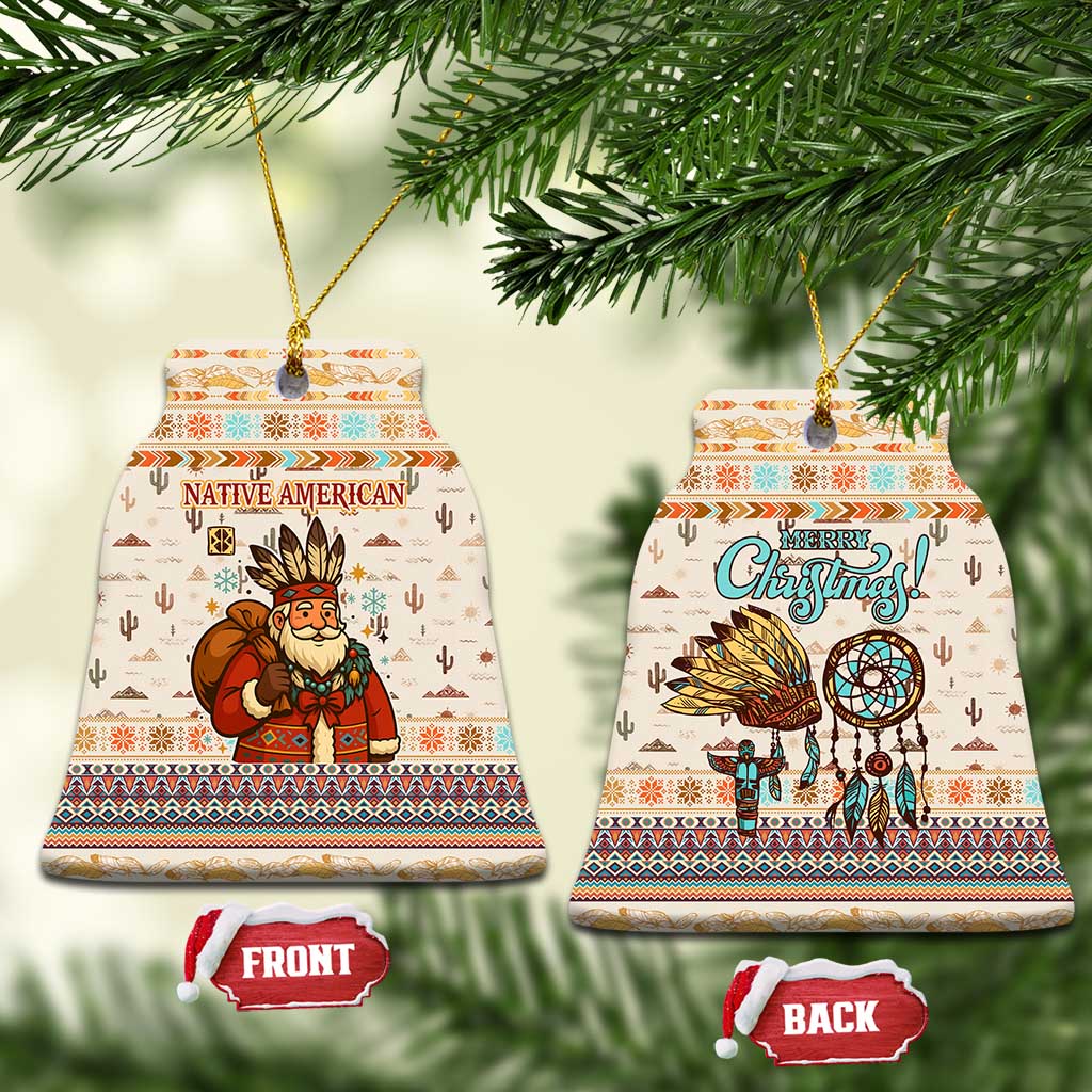 Native American Christmas Ceramic Ornament with Beige Tribal Pattern Santa Claus and Dreamcatcher Motif - Wonder Print Shop