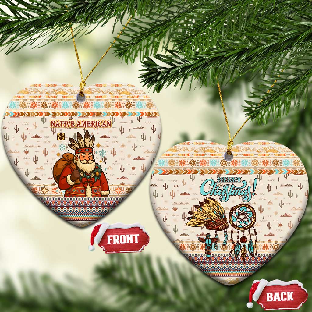 Native American Christmas Ceramic Ornament with Beige Tribal Pattern Santa Claus and Dreamcatcher Motif - Wonder Print Shop