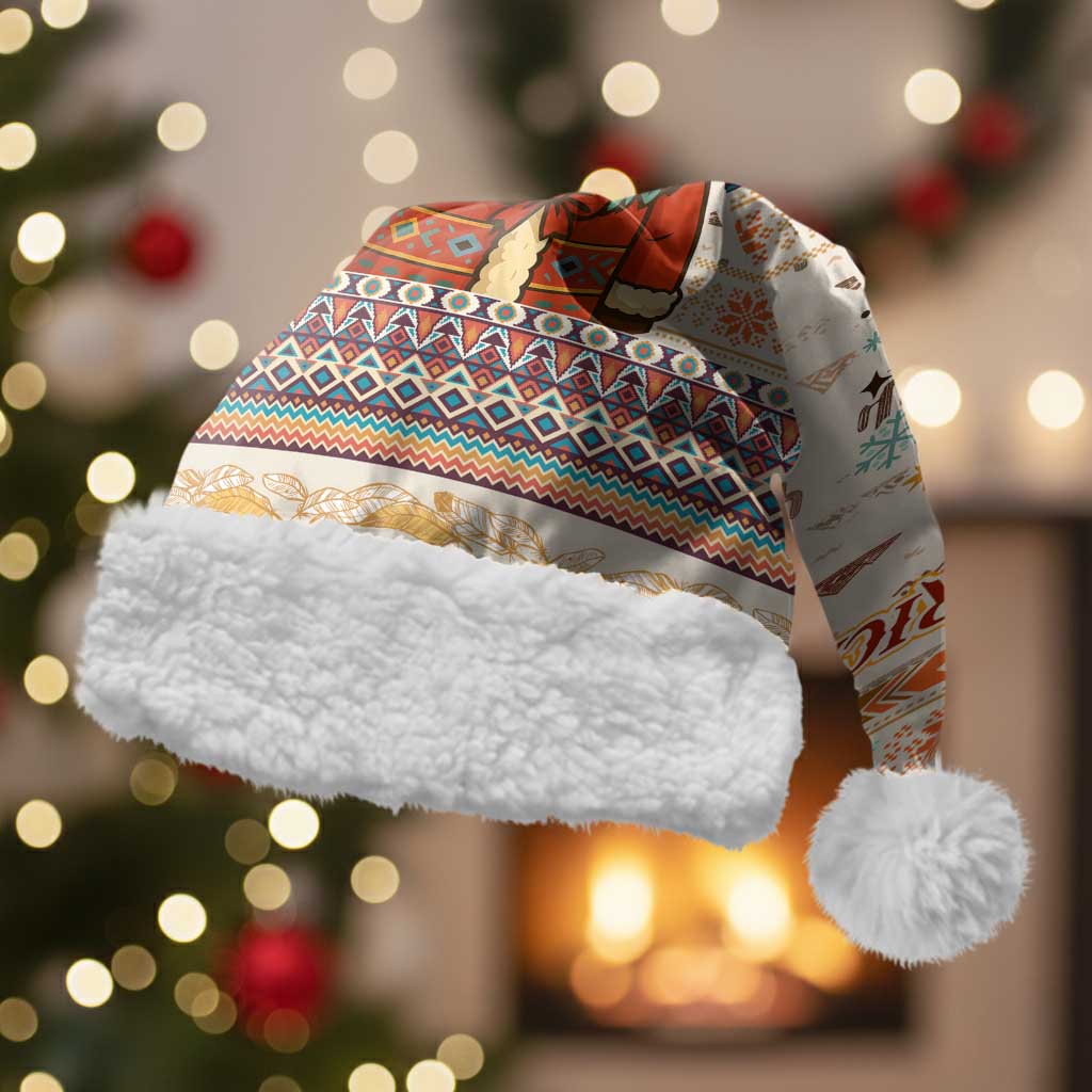 Native American Christmas Santa Hat with Beige Tribal Pattern Santa Claus and Dreamcatcher Motif - Wonder Print Shop
