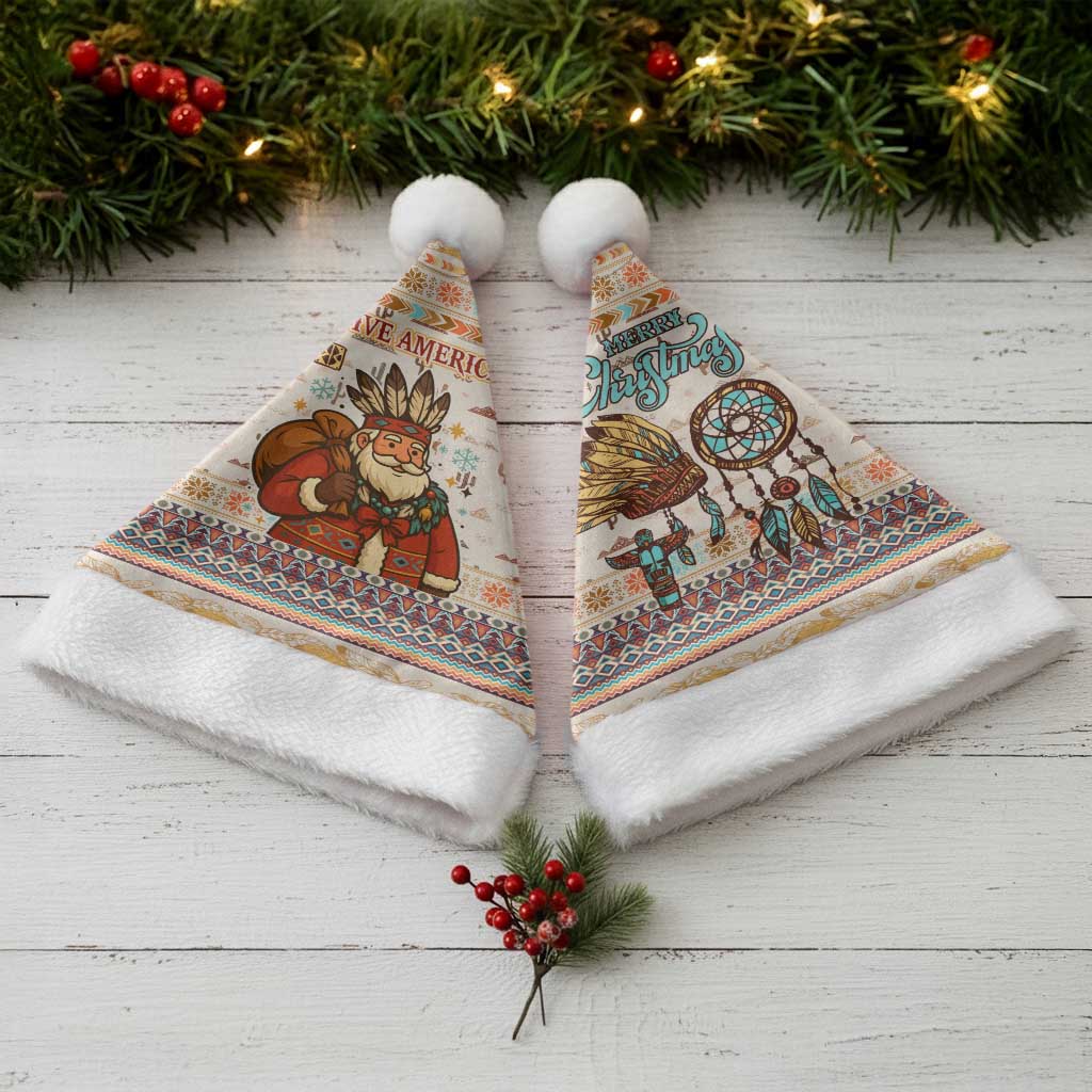 Native American Christmas Santa Hat with Beige Tribal Pattern Santa Claus and Dreamcatcher Motif - Wonder Print Shop
