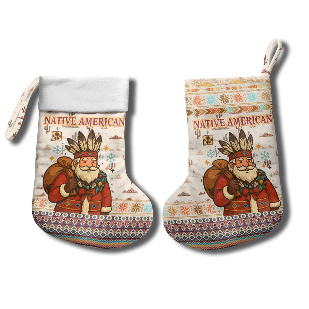 Native American Christmas Stocking with Beige Tribal Pattern Santa Claus and Dreamcatcher Motif - Wonder Print Shop