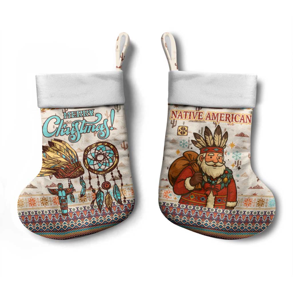 Native American Christmas Stocking with Beige Tribal Pattern Santa Claus and Dreamcatcher Motif - Wonder Print Shop