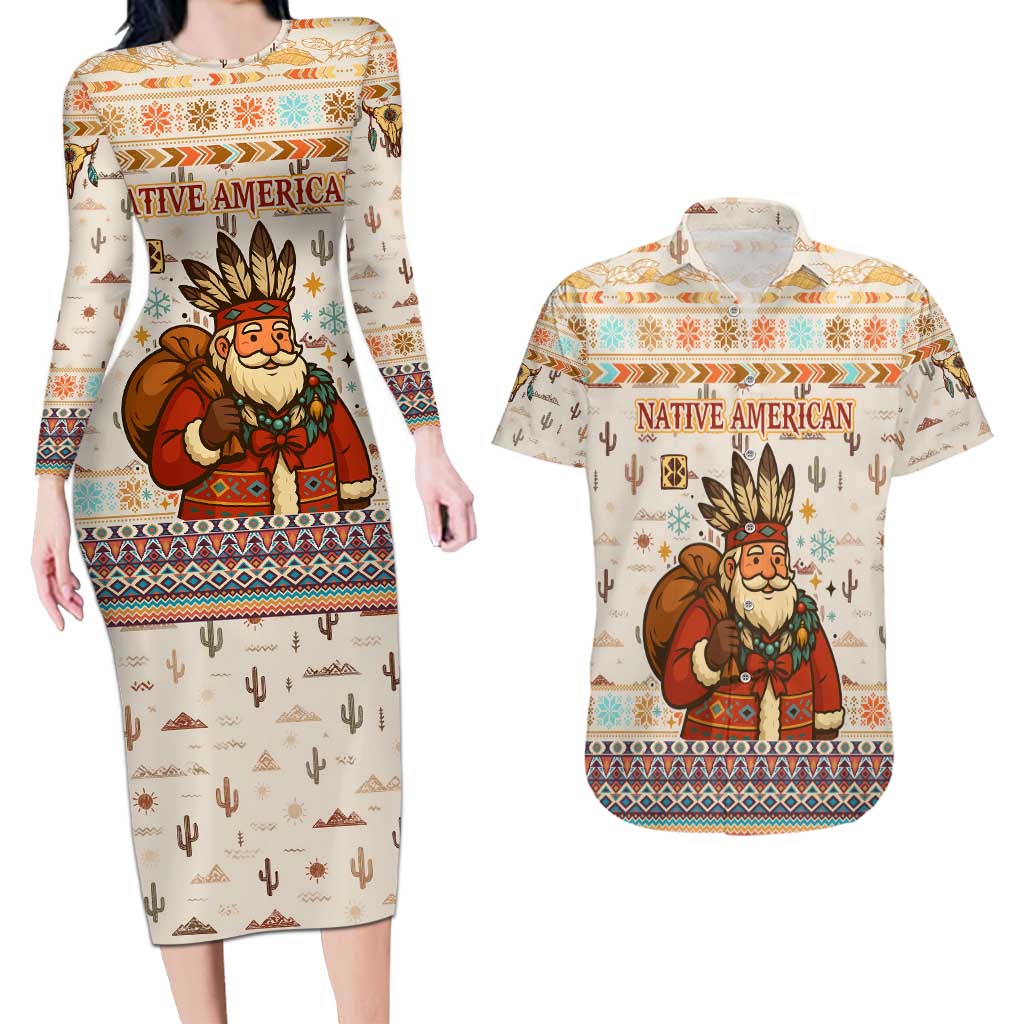 Native American Christmas Couples Matching Long Sleeve Bodycon Dress and Hawaiian Shirt with Beige Tribal Pattern Santa Claus and Dreamcatcher Motif - Wonder Print Shop