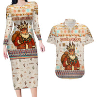 Native American Christmas Couples Matching Long Sleeve Bodycon Dress and Hawaiian Shirt with Beige Tribal Pattern Santa Claus and Dreamcatcher Motif - Wonder Print Shop