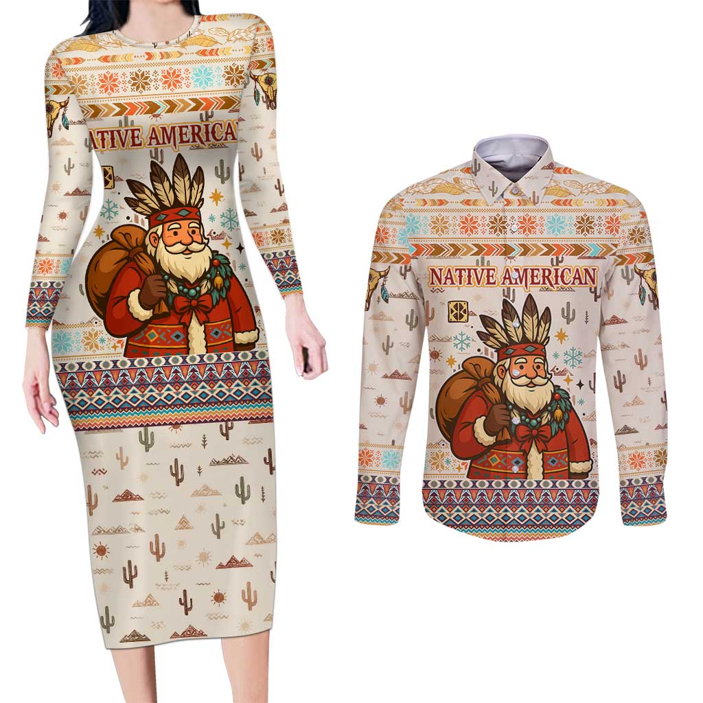 Native American Christmas Couples Matching Long Sleeve Bodycon Dress and Long Sleeve Button Shirt with Beige Tribal Pattern Santa Claus and Dreamcatcher Motif - Wonder Print Shop
