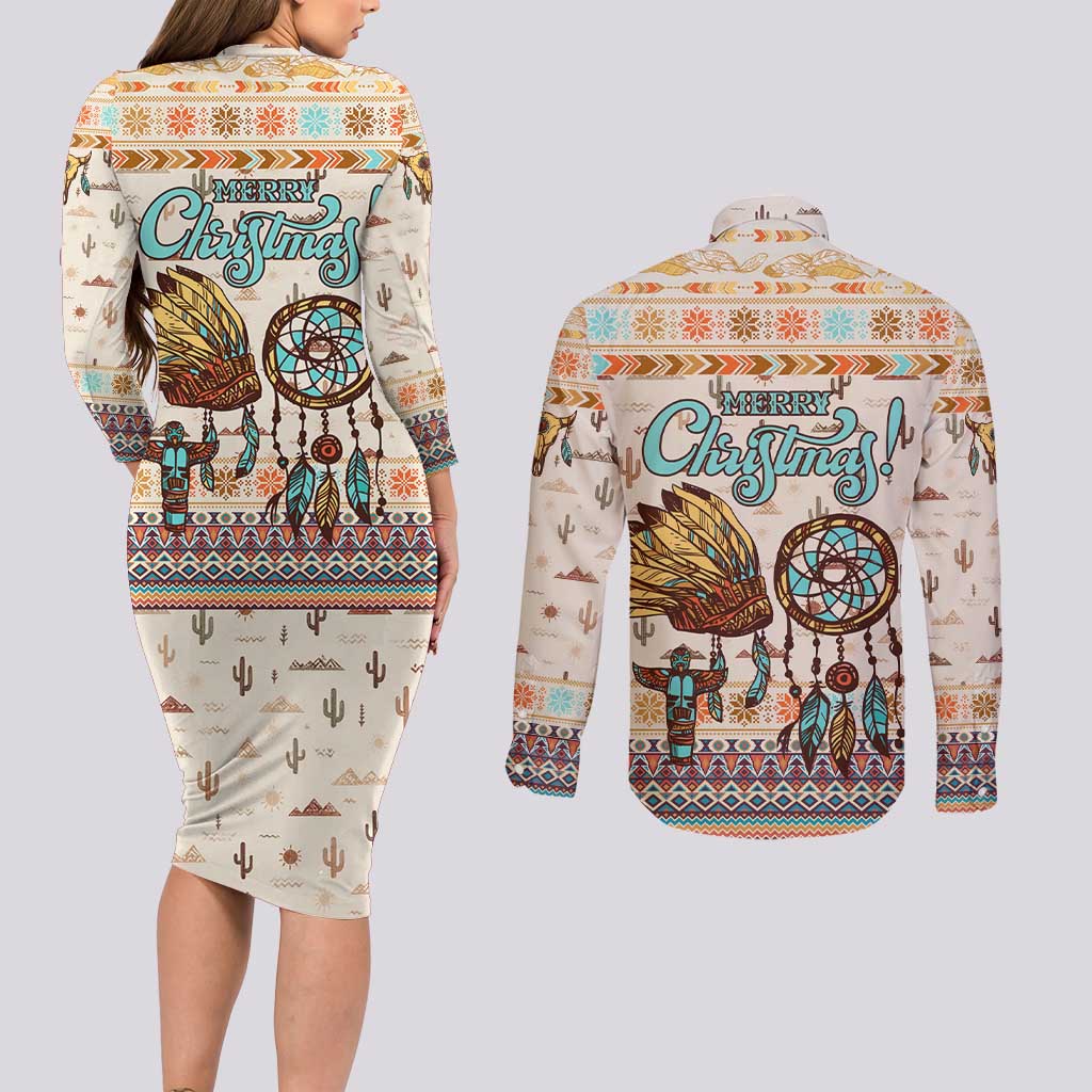 Native American Christmas Couples Matching Long Sleeve Bodycon Dress and Long Sleeve Button Shirt with Beige Tribal Pattern Santa Claus and Dreamcatcher Motif - Wonder Print Shop