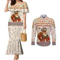 Native American Christmas Couples Matching Mermaid Dress and Long Sleeve Button Shirt with Beige Tribal Pattern Santa Claus and Dreamcatcher Motif - Wonder Print Shop