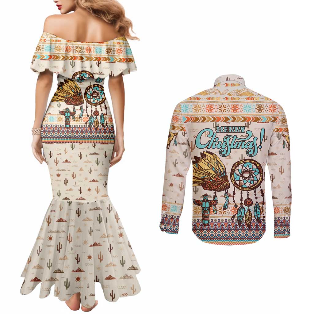 Native American Christmas Couples Matching Mermaid Dress and Long Sleeve Button Shirt with Beige Tribal Pattern Santa Claus and Dreamcatcher Motif - Wonder Print Shop
